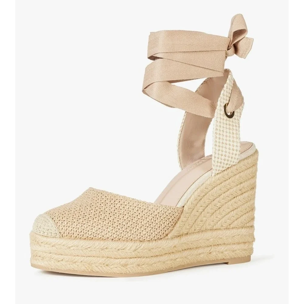 The Drop Espadrille Platform Wedge Sandals Ankle‎ Tie Natural Beige Size 11 Boho